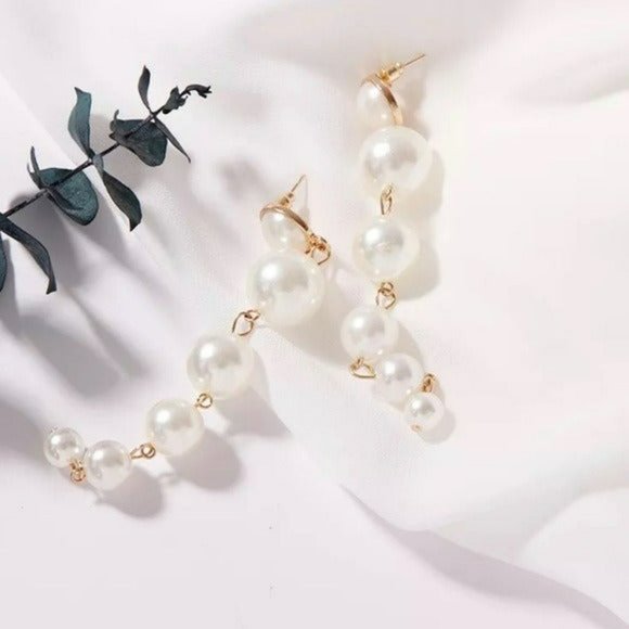 NEW Bohemian Big Faux Pearls String Dangle Long Stud Earrings 3.5” Lenght - Picture 9 of 10